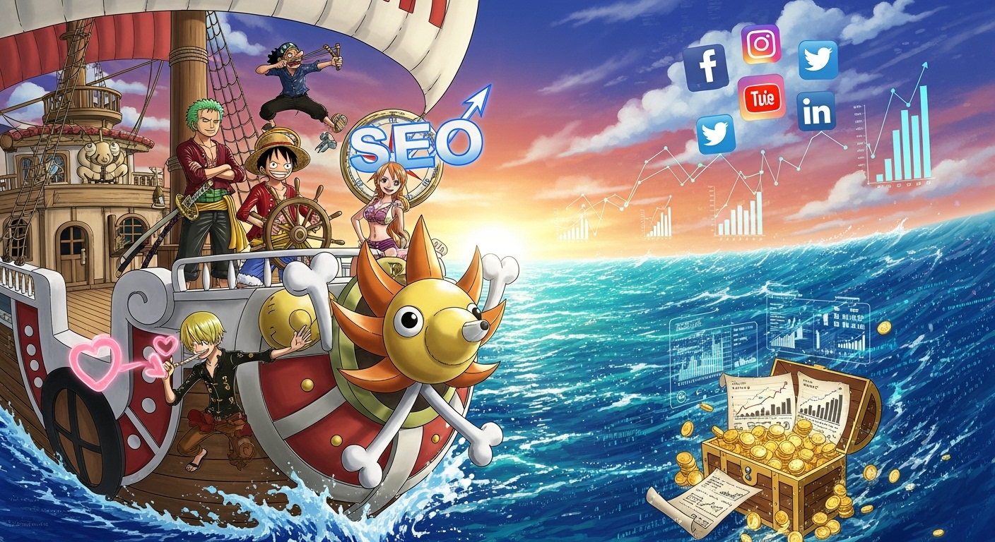 The Straw Hat Pirates (Luffy, Zoro, Nami, Sanji, Usopp) on their ship, the Thousand Sunny, sailing on a vibrant digital ocean with a compass pointing towards SEO, social media icons, and analytics charts. A stylized treasure chest overflowing with marketing data and growth graphs is visible. Anime style, vibrant colors, high detail.