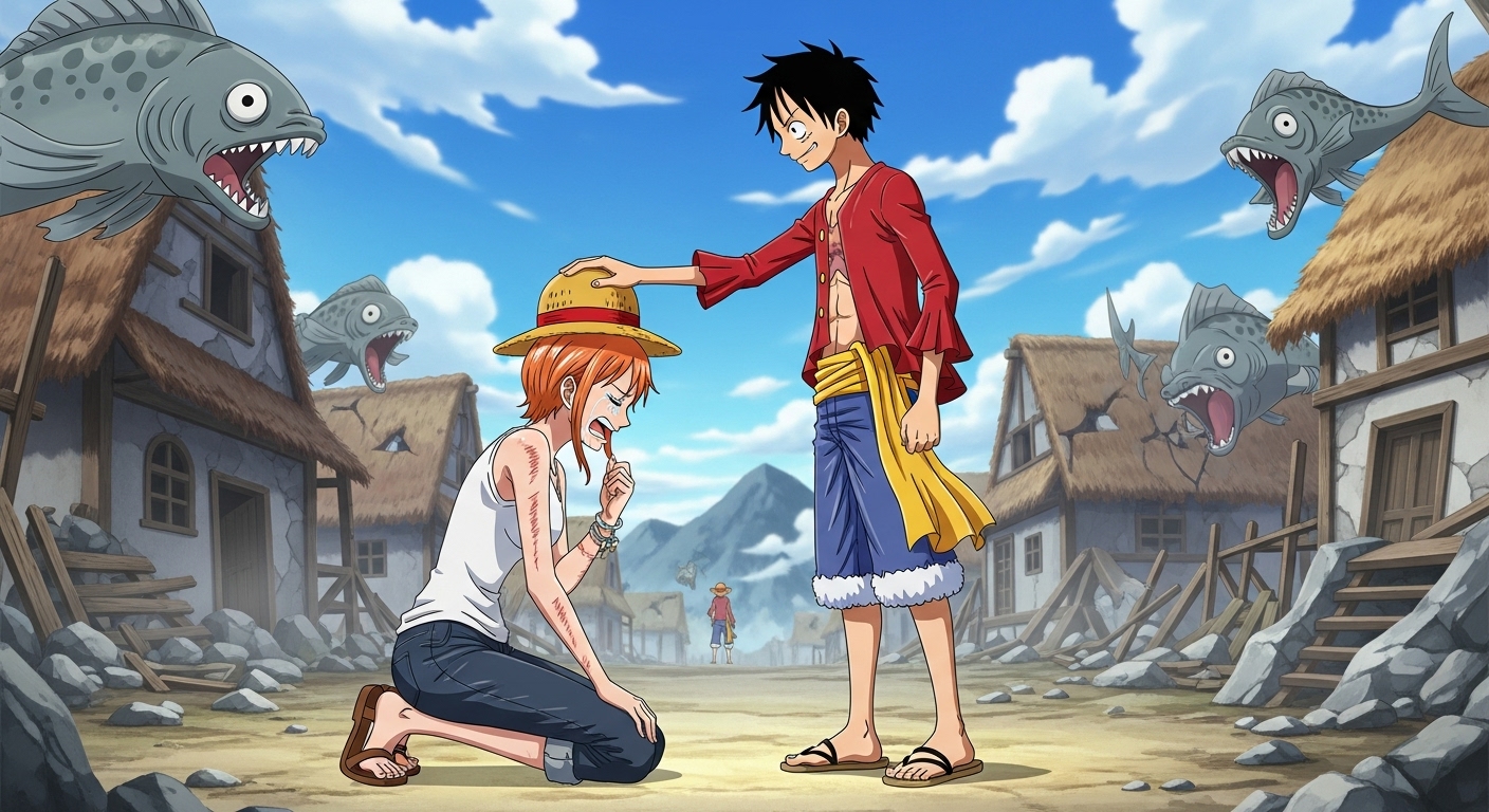 Anime style, emotional scene depicting Nami, a young woman, crying in despair with scars on her arm, kneeling in a destroyed village. Monkey D. Luffy stands resolutely in front of her, placing his iconic straw hat gently on her head as a gesture of promise and protection, while menacing fish-men are visible in the background. The scene should convey hope, friendship, and the overcoming of oppression. Vibrant colors, high detail.