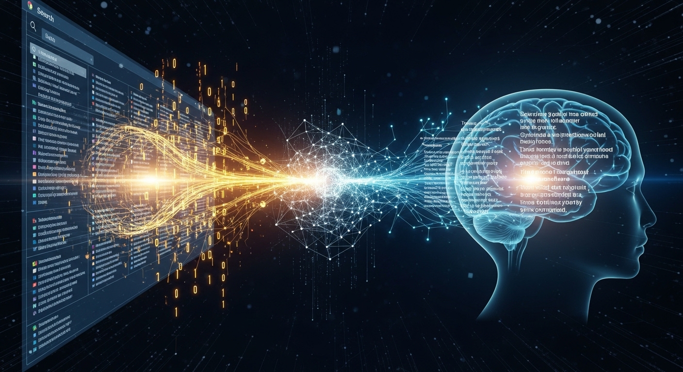 Abstract digital landscape illustrating the shift from traditional search results to AI-driven content synthesis. Include elements of data streams, neural networks, and a simplified representation of information flowing into an AI brain, with text snippets and links transforming into synthesized answers. Emphasize a futuristic and analytical feel.