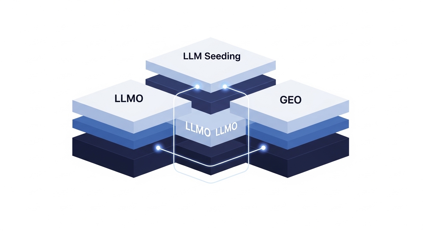 An abstract digital illustration showing three distinct but interconnected layers or building blocks, each clearly labeled: 'LLM Seeding,' 'LLMO,' and 'GEO.' These layers should be visually integrated to form a stable, cohesive structure or a dynamic system, emphasizing their interdependence and sequential flow. The overall aesthetic should be modern, clean, and reflect data-driven technology, perhaps with glowing lines or nodes connecting the components. Use a color palette that suggests strategy and technology, illustrating a unified approach to AI visibility.