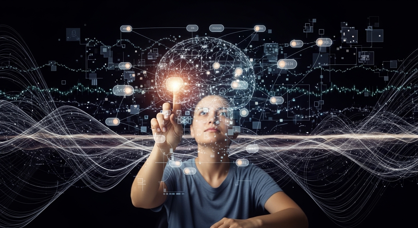 A calm, focused person interacting with a glowing, interconnected network of digital information and ideas, symbolizing an organized 'second brain' or Personal Knowledge Management system. The background shows a subtle, abstract representation of information flow and clarity, with a modern, digital art style.