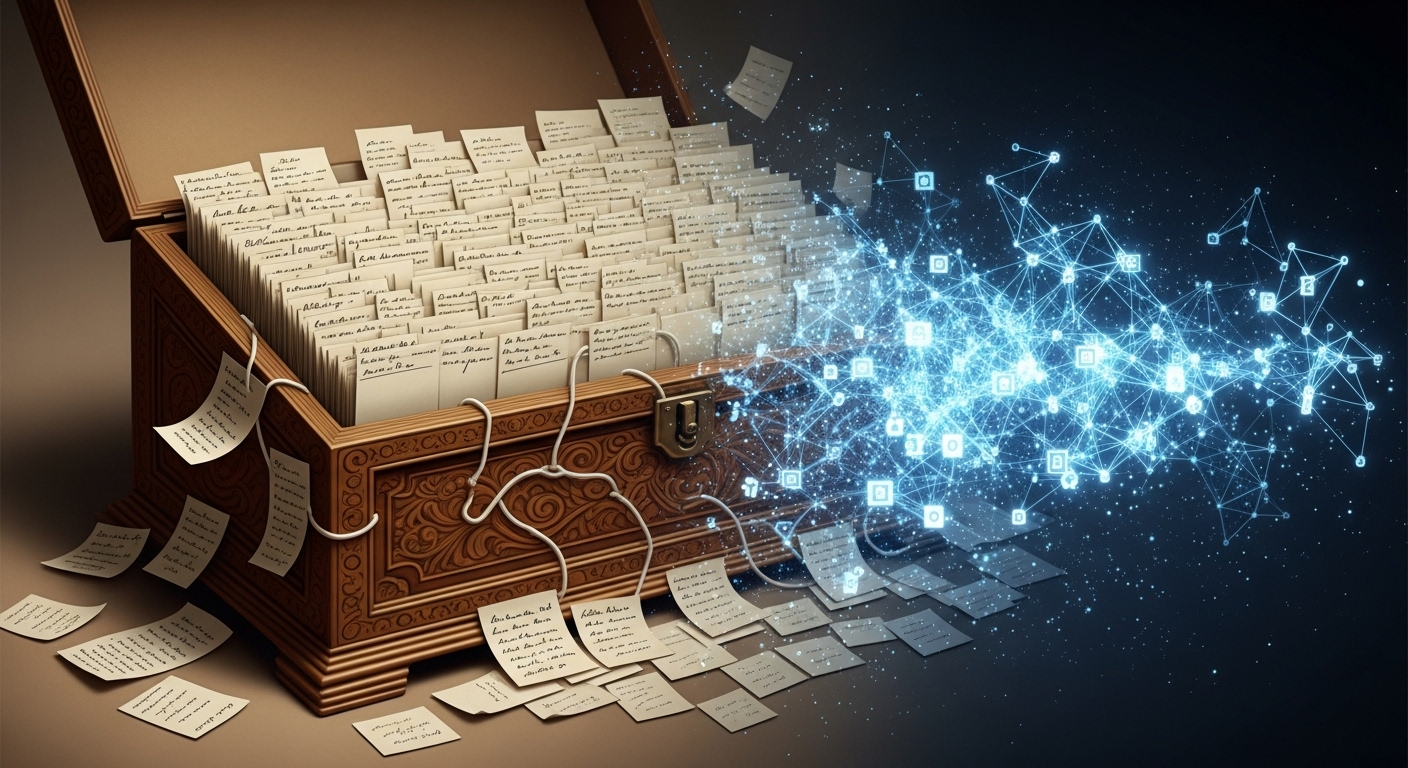 Personal Knowledge Management Systems Explained: PKM Guide 2 A visual metaphor for the evolution of knowledge management systems, showing an antique wooden slip box (Zettelkasten) on one side, overflowing with intricately linked physical note cards, subtly transitioning into a modern, glowing digital network of interconnected nodes and data points on the other side. Emphasize the historical continuity and the dynamic, emergent nature of knowledge. Digital art style, intricate details.