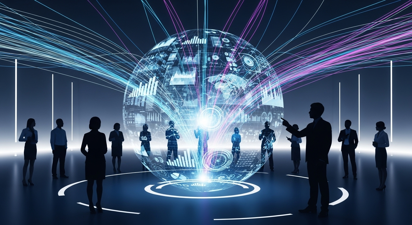 Predictive Marketing Analytics Explained: A Strategic Guide 1 A futuristic, data-centric image visualizing predictive marketing analytics. Data streams converging into a glowing crystal ball or holographic projection showing future trends and customer behaviors. Subtle silhouettes of business people observing, emphasizing foresight and strategic decision-making. Modern, sleek aesthetic.