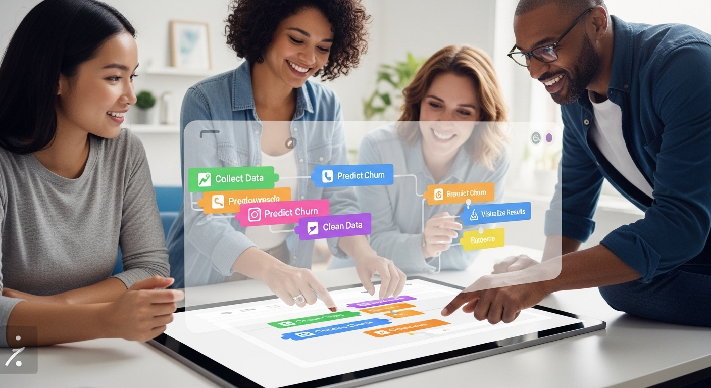 Predictive Marketing Analytics Explained: A Strategic Guide 2 A vibrant, clean visual representation of democratized data science. Show a diverse group of non-technical marketers easily interacting with a user-friendly, drag-and-drop interface on a tablet or computer screen, building a predictive model. The interface should have colorful, interlocking blocks or nodes representing data processes (e.g., 'Collect Data,' 'Clean Data,' 'Predict Churn'), symbolizing low-code/no-code platforms. The background should subtly suggest a small agency office, emphasizing accessibility and empowerment for smaller businesses. Modern, bright aesthetic.