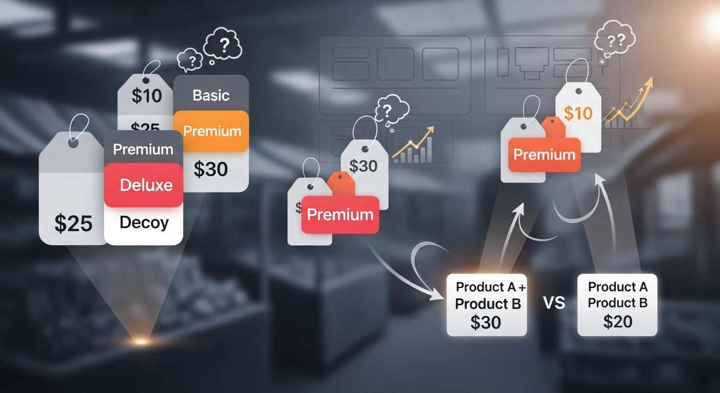 A conceptual image showing various price tags or product options, with some subtly highlighted or grouped, illustrating the decoy effect and product bundling. Use abstract elements like arrows or spotlights guiding a consumer's eye, set against a backdrop of a marketplace or e-commerce interface. Emphasize psychological influence and decision-making.