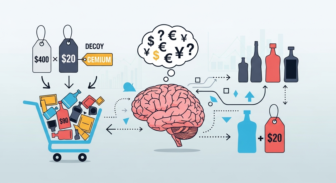 A stylized illustration representing pricing psychology, with elements like a human brain contemplating prices, currency symbols, shopping cart icons, and abstract representations of the decoy effect and product bundling, set against a background suggesting decision-making or commerce. Use a clean, modern, and engaging visual style.