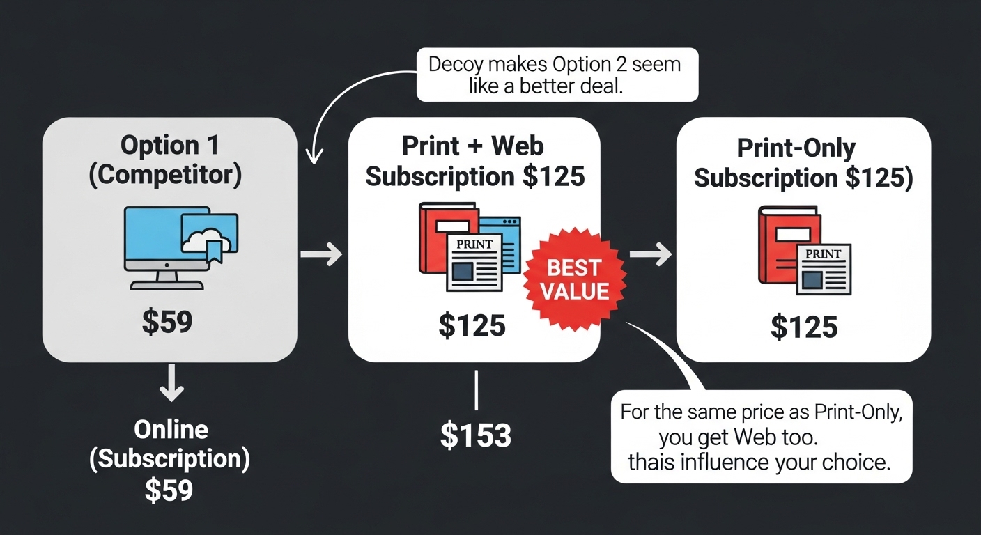 An infographic illustrating the decoy effect. Show three options side-by-side: Option 1 (Competitor, e.g., 'Online Subscription $59'), Option 2 (Target, e.g., 'Print + Web Subscription $125'), and Option 3 (Decoy, e.g., 'Print-Only Subscription $125'). Clearly highlight how Option 3, the decoy, makes Option 2 appear as the overwhelmingly best value, influencing choice. Use simple icons or clear text labels for each option.