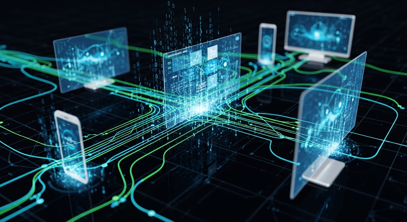 Abstract visualization of the programmatic advertising ecosystem, showing interconnected data streams and automated processes. Digital screens (mobile, TV, desktop) are subtly integrated, displaying dynamic ad placements. Emphasize speed and technology with glowing lines and binary code elements, set against a dark, futuristic background.