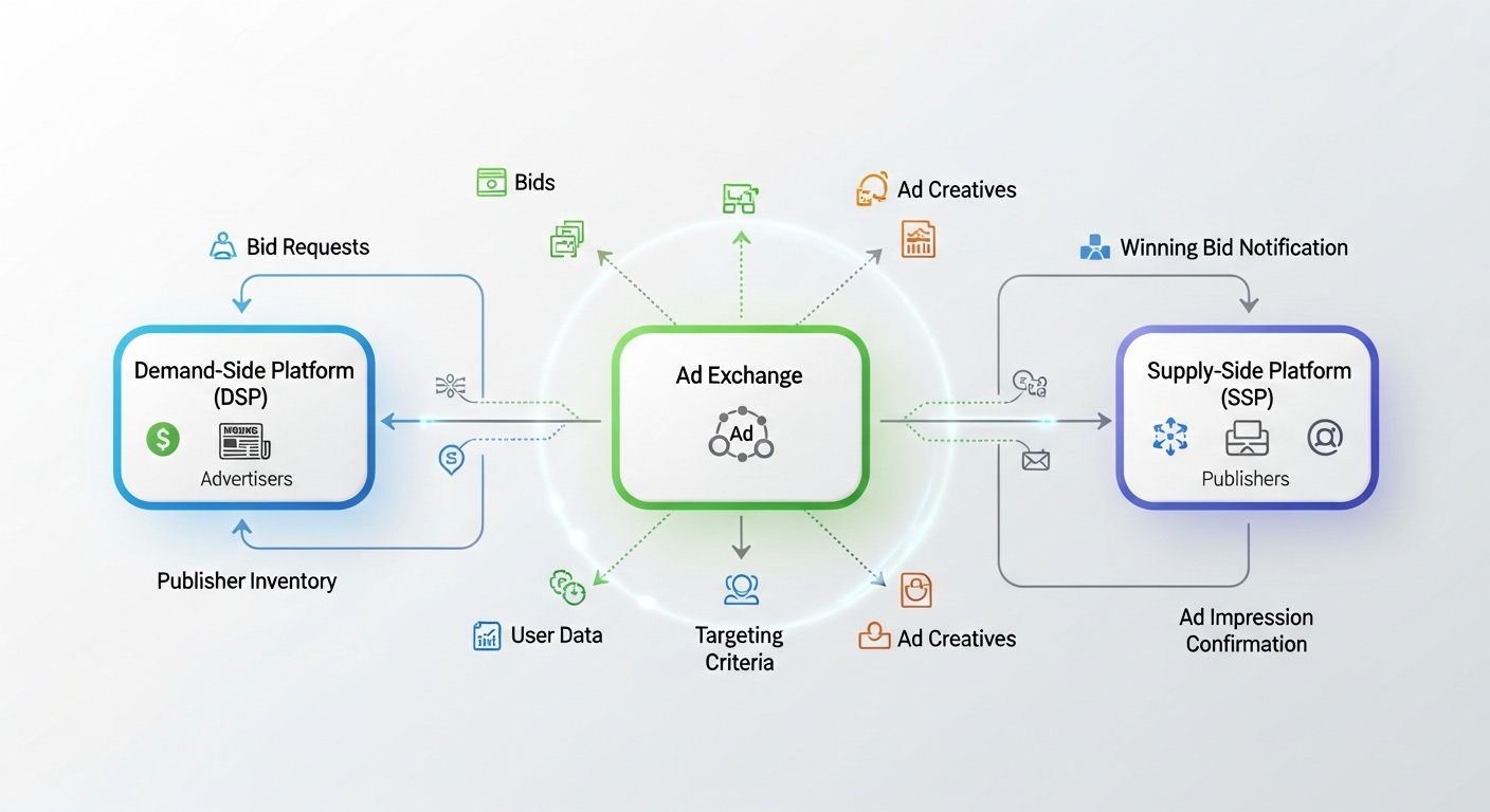 Infographic: Programmatic advertising ecosystem architecture. Clearly display interconnected nodes for Demand-Side Platform (DSP) representing Advertisers, Supply-Side Platform (SSP) representing Publishers, and a central Ad Exchange. Use arrows to show the real-time flow of bid requests, bids, and ad creatives between them. Emphasize automation and data flow. Clean, modern, digital style.