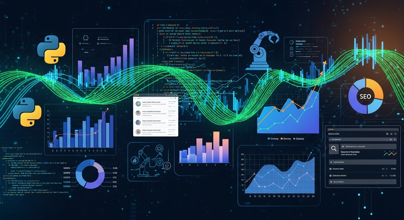 A stylized image showing Python code intertwined with SEO graphs, data visualizations, and search engine result pages, depicting automation and advanced analytics. Modern, digital art style.