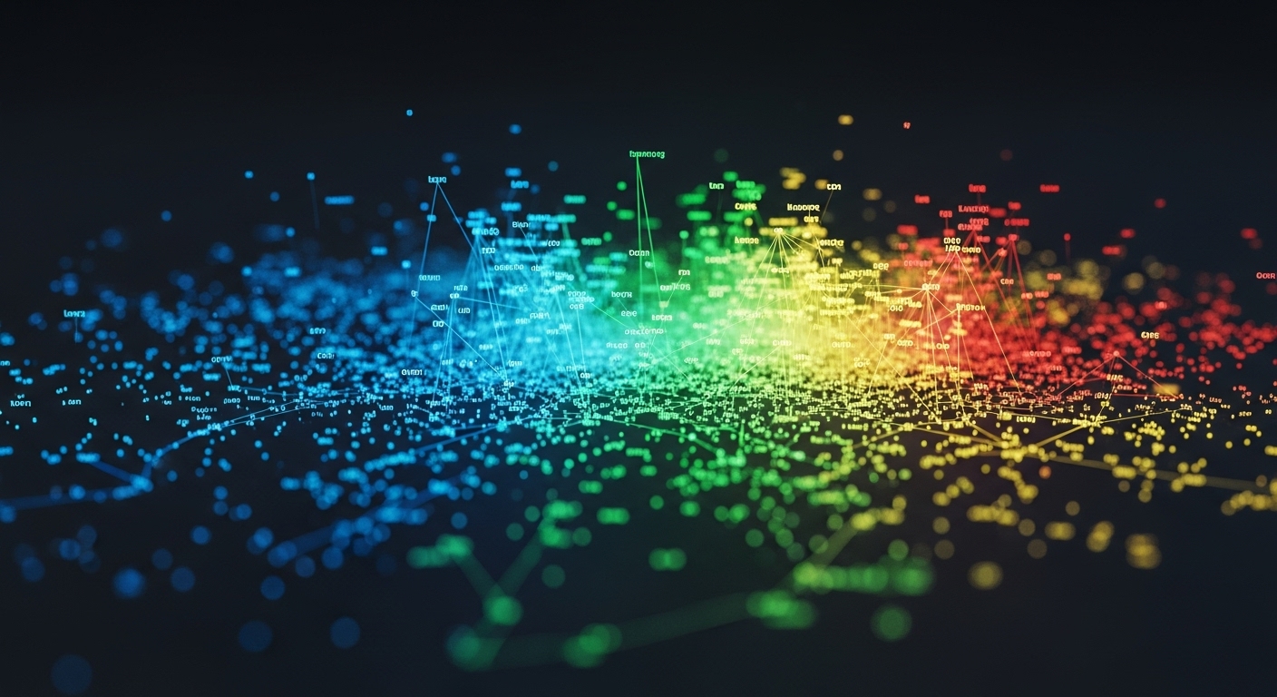Python for SEO: Automate & Analyze for Advanced SEO Success 2 A data visualization showing a cloud of disparate keywords transforming into distinct, color-coded clusters or groups, representing semantically related topics for SEO content planning. Abstract digital art style with a clean, modern aesthetic.