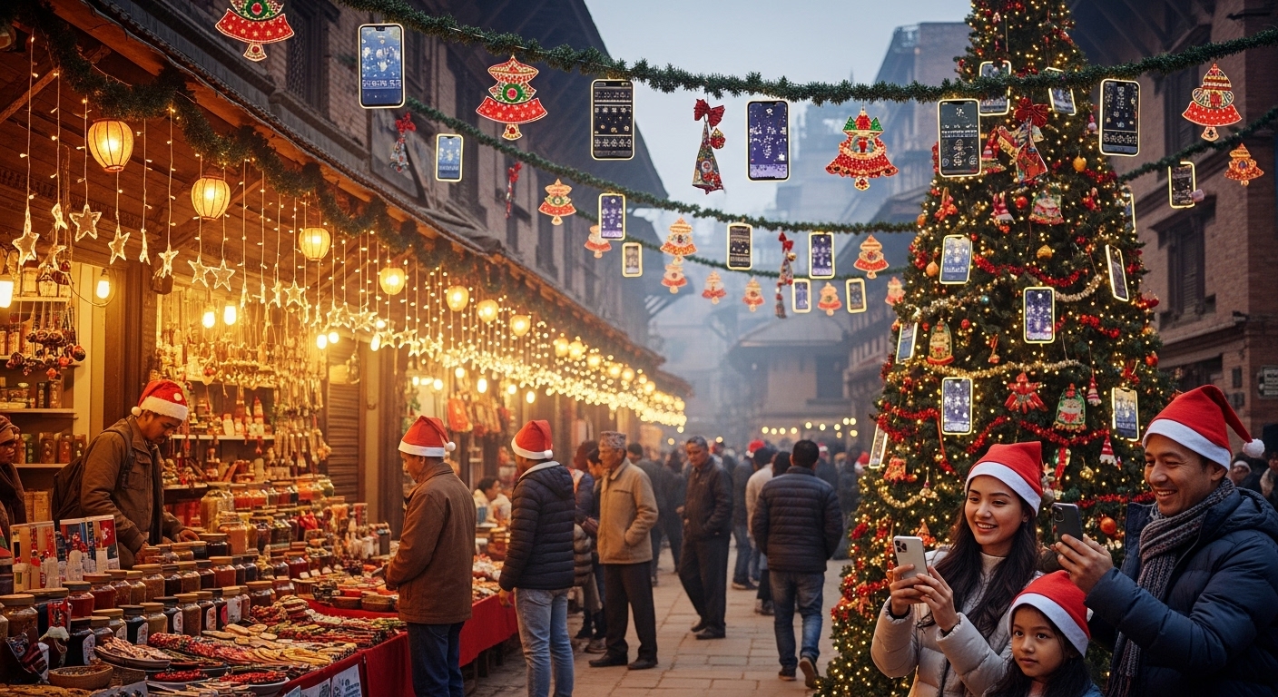 A festive scene in Kathmandu, Nepal, with subtle Samsung smartphone elements (like a glowing Galaxy S25) integrated into the holiday decorations, showcasing traditional Nepali Christmas celebrations with a modern tech twist, warm lighting, high detail, realistic photography.