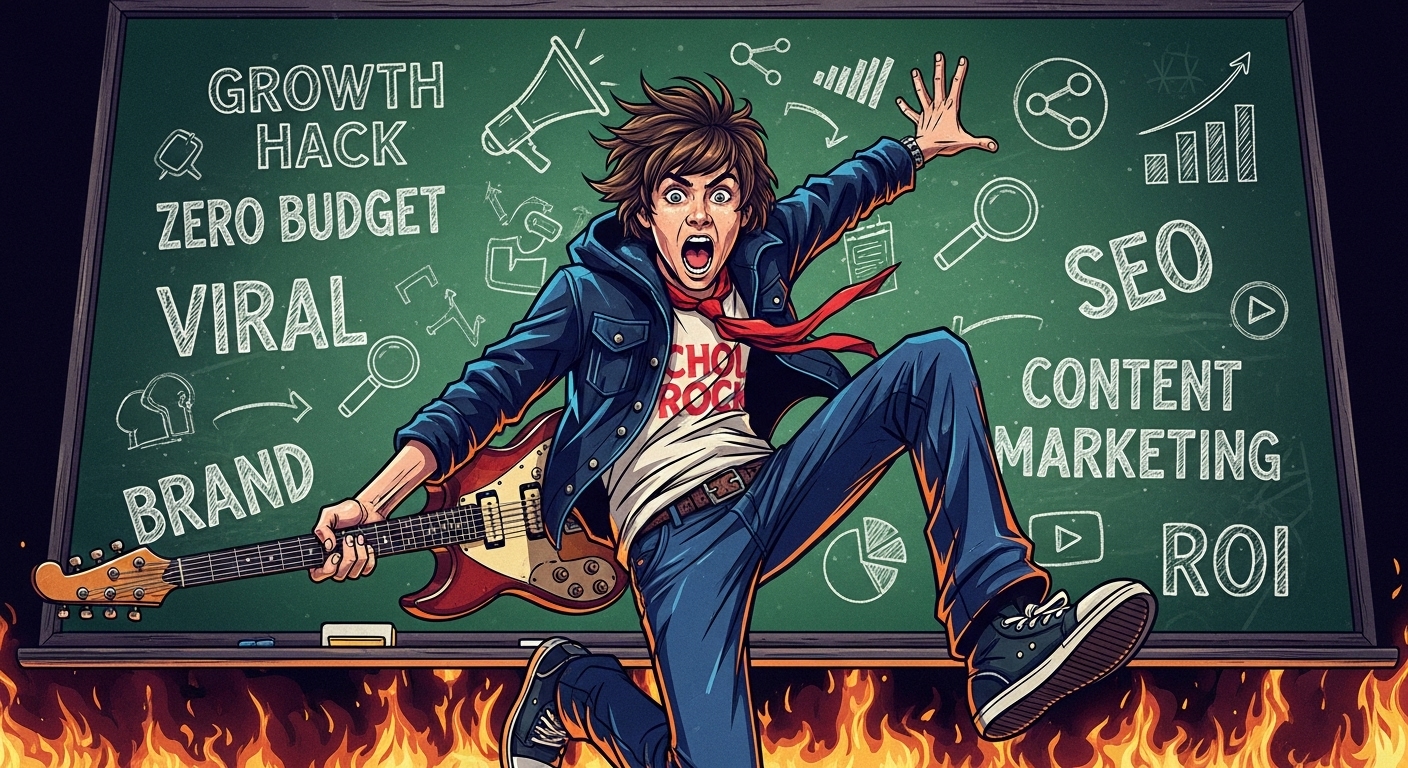 A dynamic, stylized illustration of Dewey Finn from School of Rock, with a guitar, a chalkboard filled with marketing concepts like 'growth hack' and 'zero budget,' and subtle digital marketing icons around him. Emphasize energy, resourcefulness, and a slightly rebellious, DIY aesthetic. High contrast, vibrant colors, inspired by rock concert posters.