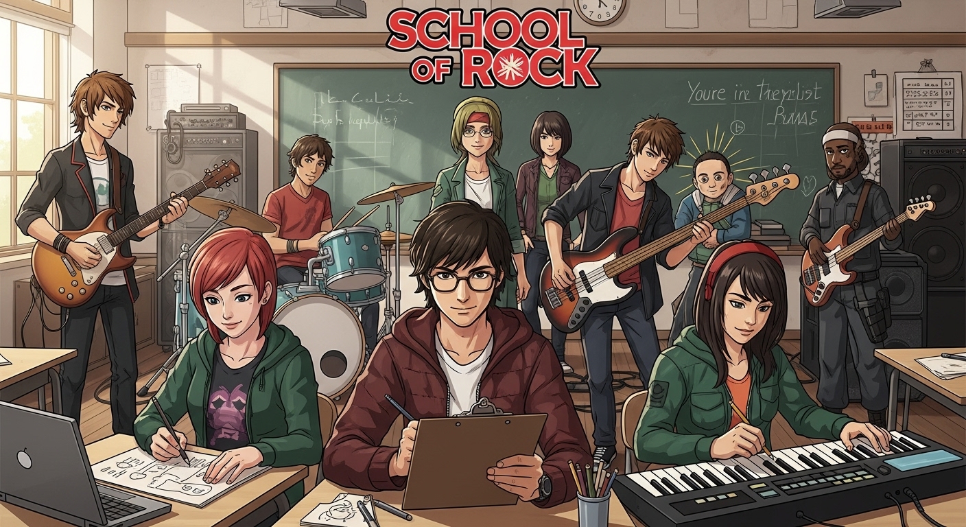 A dynamic illustration depicting the diverse, multi-functional team from 'School of Rock.' Show several students in a bustling classroom environment: a guitarist, a drummer, a bassist, a keyboardist, a focused band manager with a clipboard, a creative stylist sketching, a tech/lighting student, and a security-minded student. The scene should convey energetic collaboration, resourcefulness, and a cohesive team spirit, blending musical elements with subtle visual cues of a modern agile startup or marketing team. Vibrant colors, expressive character designs, capturing the essence of 'You're in the Band' sequence.