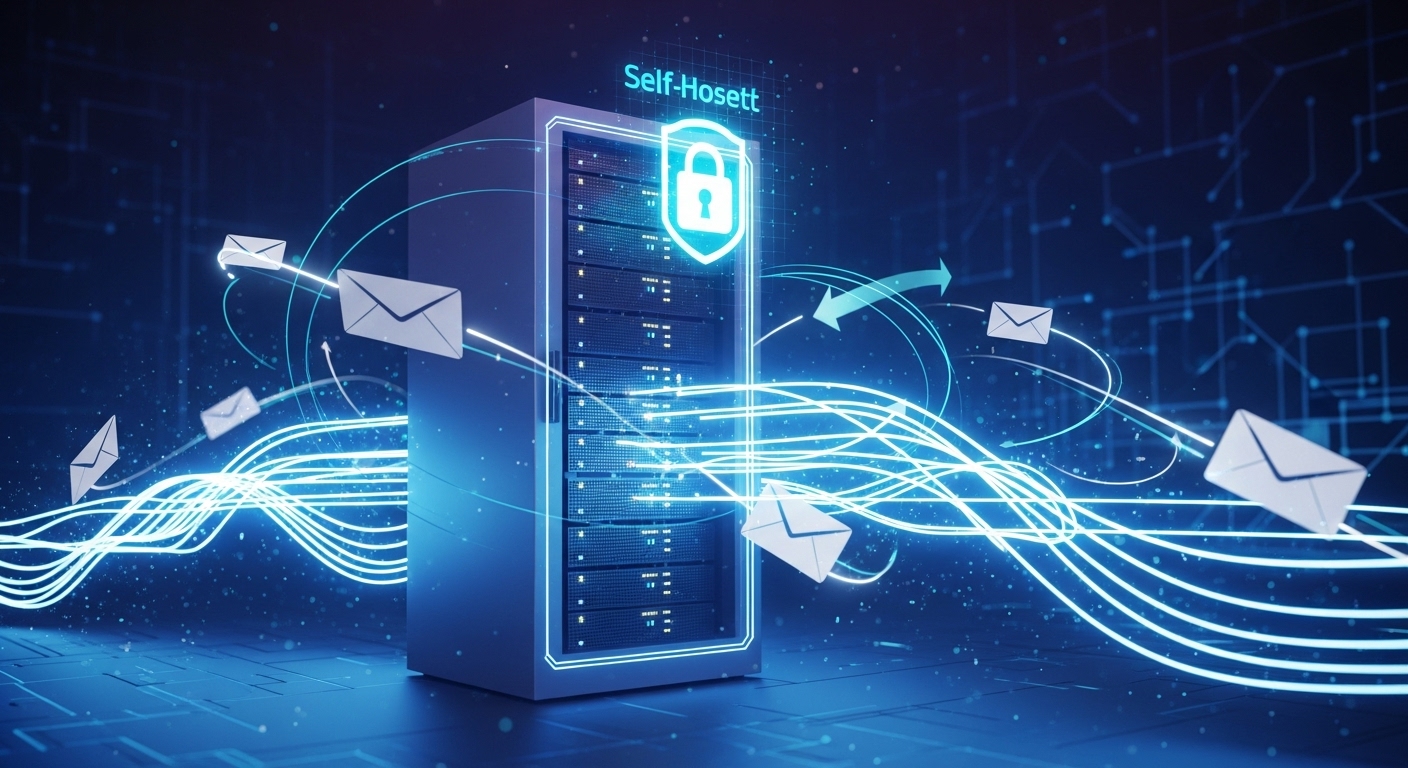 A conceptual image depicting a secure, self-hosted server rack with glowing data lines, integrated with email marketing elements like envelopes and automation arrows. The focus should be on control, technology, and data ownership, possibly with a padlock or shield icon. Professional, digital art style.