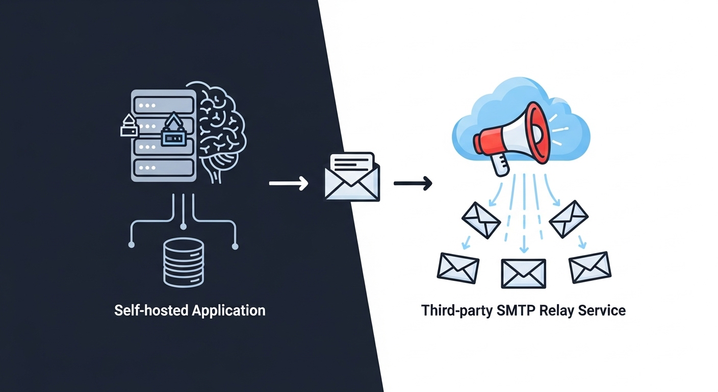 A conceptual digital illustration depicting a two-part system for email marketing. On one side, a stylized server rack or a 'brain' icon represents the 'self-hosted application' with data flow lines connecting to a database or subscriber list icon. On the other side, a cloud icon or stylized megaphone/mouthpiece represents a 'third-party SMTP relay service' with emails or data streams flowing outwards to generic inbox icons. Both components should be clearly distinct yet visually connected with arrows or lines, illustrating a seamless hybrid architecture for email delivery. The overall aesthetic should be modern, clean, and professional, using a digital art style.