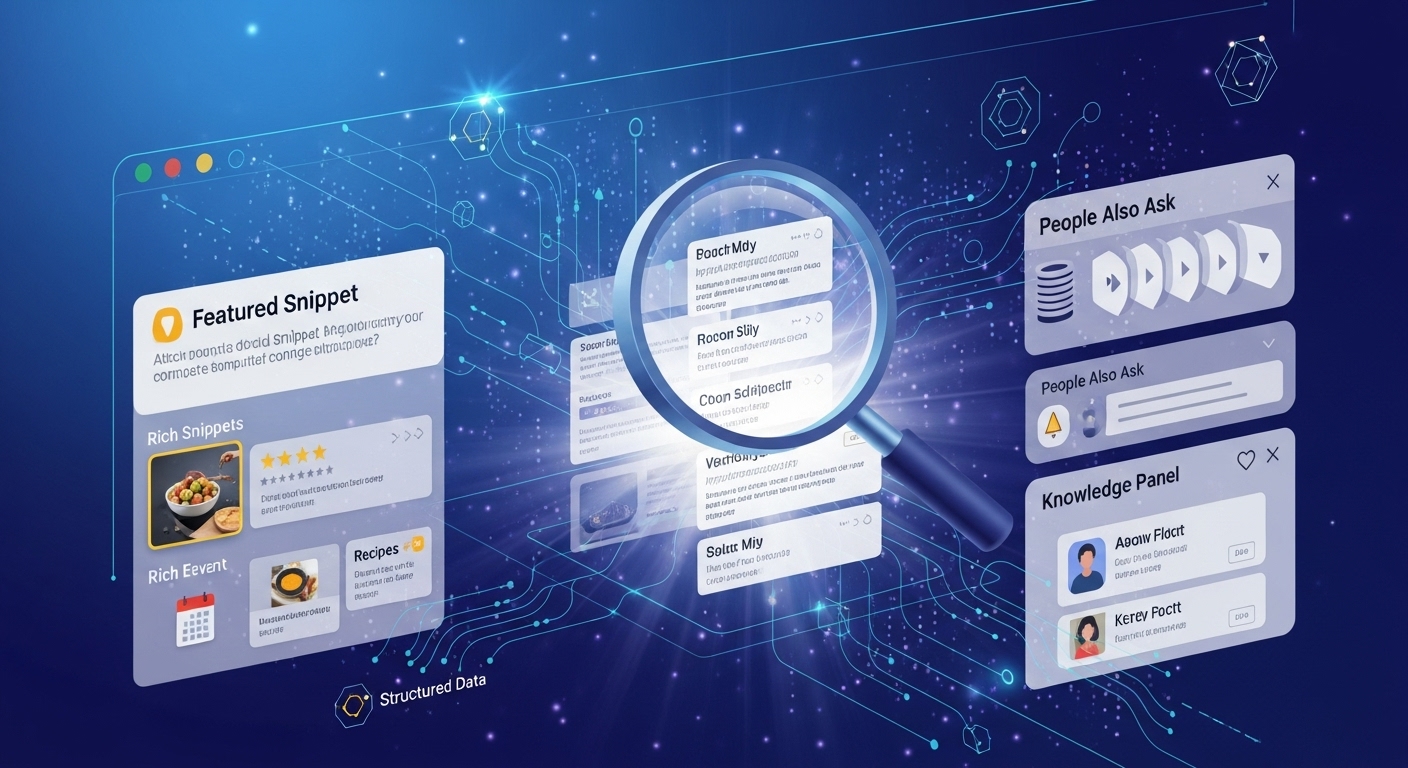 An abstract digital illustration representing a dynamic Search Engine Results Page (SERP) with various rich snippets, featured snippets, and structured data elements visually highlighted. Include futuristic data streams and a magnifying glass over search results, conveying enhanced digital visibility and optimization.