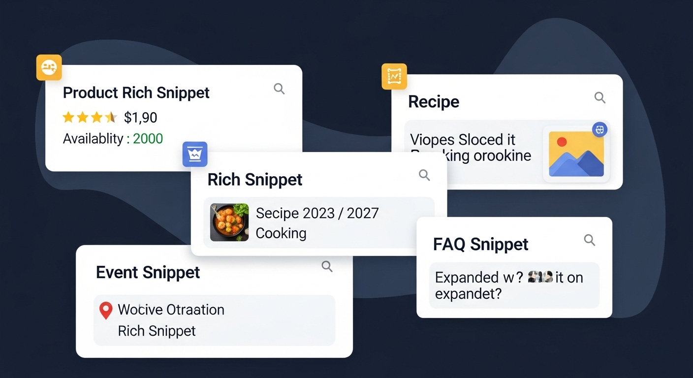 A digital illustration of a stylized Search Engine Results Page (SERP) showcasing various examples of rich snippets. Include a product rich snippet with star ratings, price, and availability; a recipe rich snippet with an image and cooking time; an event rich snippet with date and location; and an FAQ rich snippet with an expandable question. Emphasize how these visually stand out compared to a plain organic result, highlighting enhanced visibility and engagement.