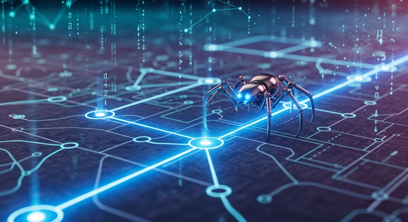A conceptual image illustrating a sitemap as a detailed roadmap guiding a search engine spider or robot through a complex, interconnected website structure, with glowing data paths highlighting efficient navigation. The background is digital and abstract, showing lines of code or network connections. Focus on clarity and a modern, tech-savvy aesthetic.