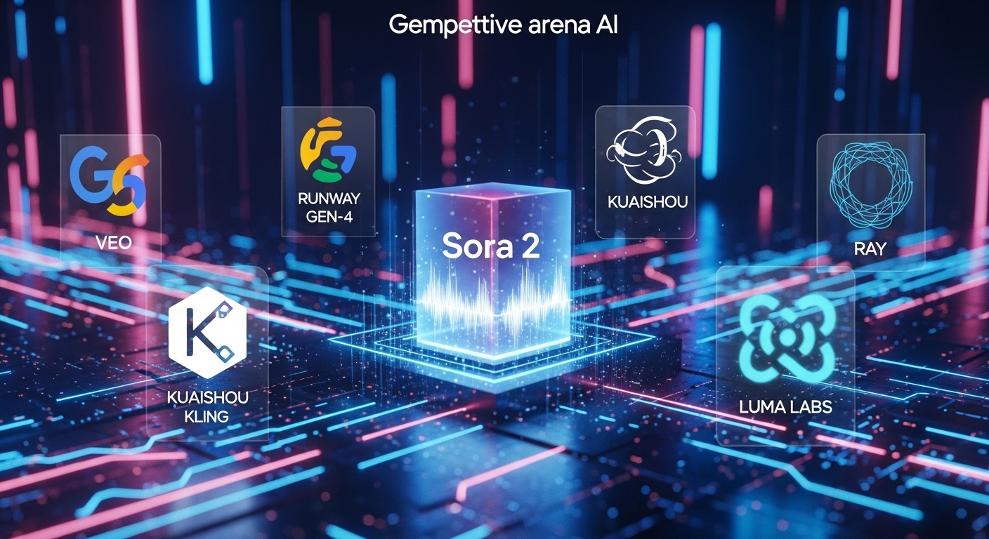 A futuristic digital landscape illustrating a competitive arena for generative video AI. In the center, a prominent abstract representation of 'Sora 2' with synchronized audio waves. Around it, distinct digital icons or abstract forms representing Google Veo, Runway Gen-4, Kuaishou Kling, and Luma Labs Ray, all connected by glowing data streams, conveying innovation and competition. Neon lights, intricate circuits, dynamic composition, high-tech, 3D rendering.