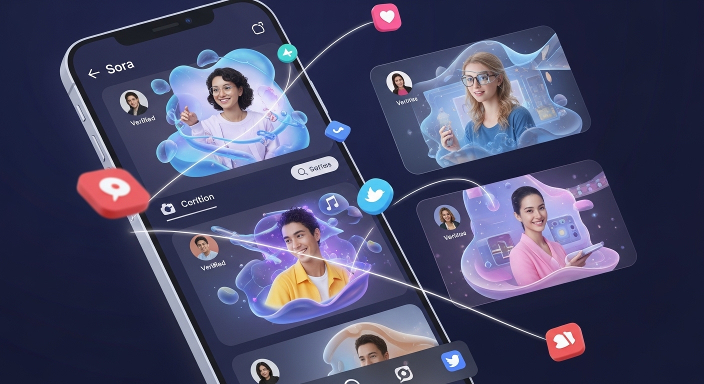 A vibrant, dynamic illustration of a mobile app interface for a generative video AI called 'Sora.' The screen displays several fluid, AI-generated video clips, each featuring a different person's verified likeness seamlessly integrated into fantastical or everyday scenarios. Diverse user profiles and social media icons float around the screen, connected by glowing lines, symbolizing personalization, consent-based content creation, and viral sharing. The style should be futuristic, clean, and engaging, with elements of digital art and UI/UX design.