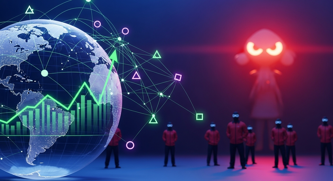 A visually striking image merging iconic elements of Squid Game (e.g., geometric symbols, a subtle hint of the red light, green light doll or masked guards) with abstract business and marketing visuals like global maps, upward trending graphs, or interconnected network lines, conveying global impact and strategic lessons. Emphasize a sleek, modern, and slightly dramatic aesthetic with vibrant colors.