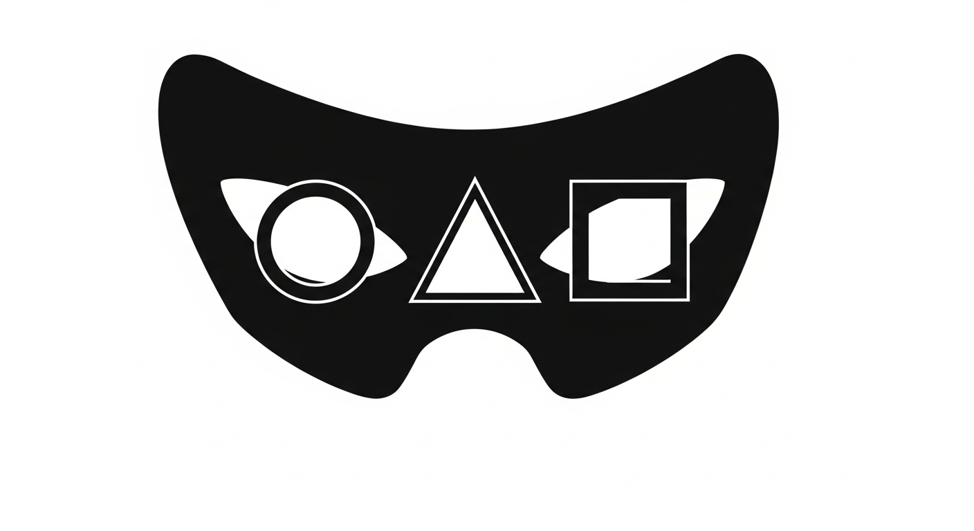 Squid Game Marketing: Lessons from a Global Phenomenon 2 A sleek, minimalist illustration of the geometric symbols from Squid Game: a circle, a triangle, and a square. These symbols are presented with a modern, slightly dramatic aesthetic, subtly integrated into the design of a stylized guard mask or an invitation card, emphasizing their representation of social hierarchy and rigid control within a high-stakes competition setting. The image should convey the powerful, iconic branding through simple shapes and a focused composition.