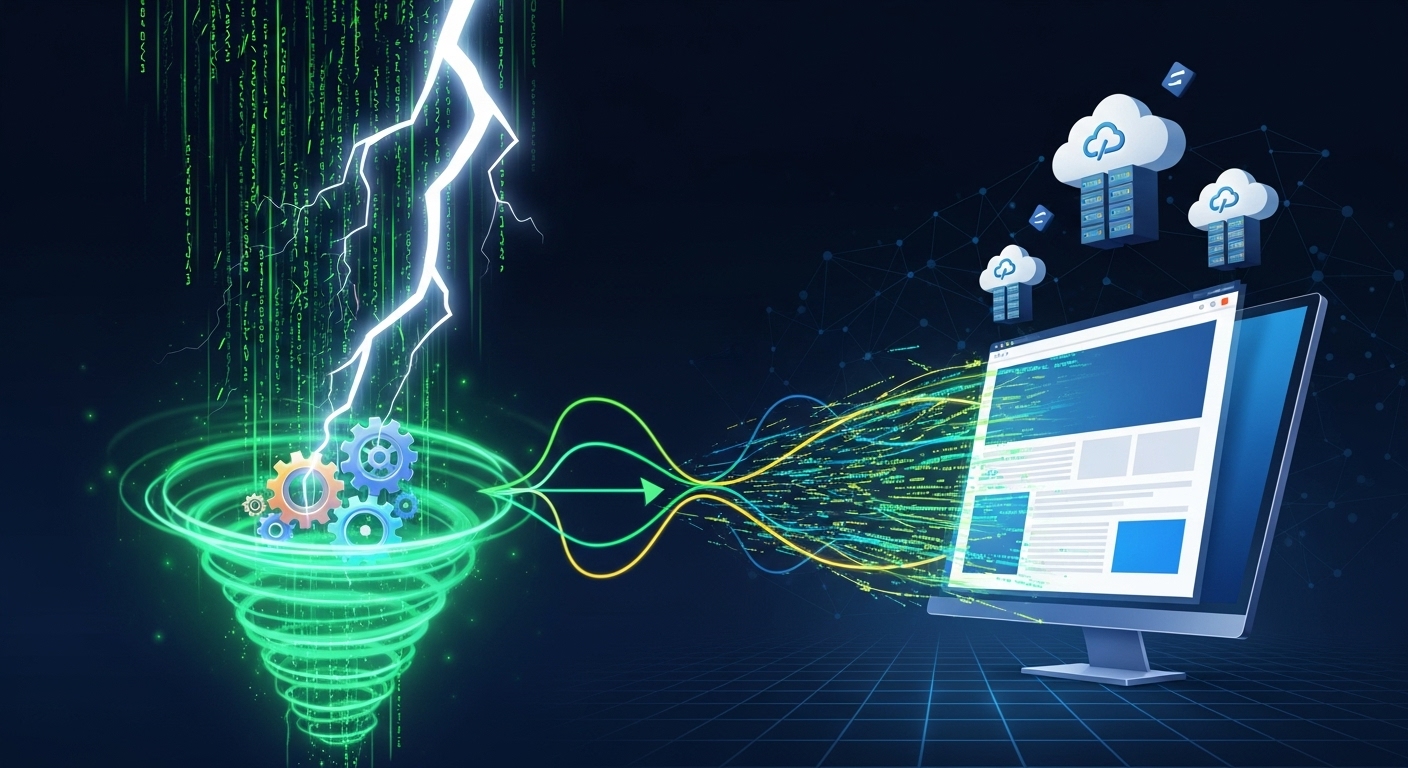 A stylized illustration depicting code transforming into a lightning-fast, secure website, with elements of gears, cloud hosting, and a network grid. Emphasize efficiency, modern web architecture, and the static site generation process. Digital art, vibrant colors.