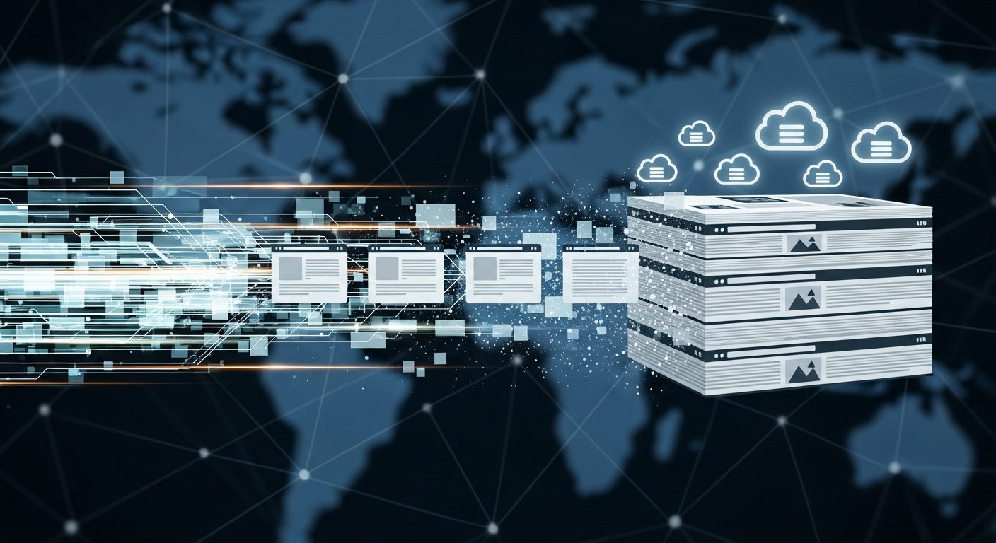 An abstract, modern digital illustration depicting a flow of data transforming into neatly stacked static web pages, with cloud icons representing hosting and a global network. Emphasize speed, efficiency, and a sleek, technical aesthetic.