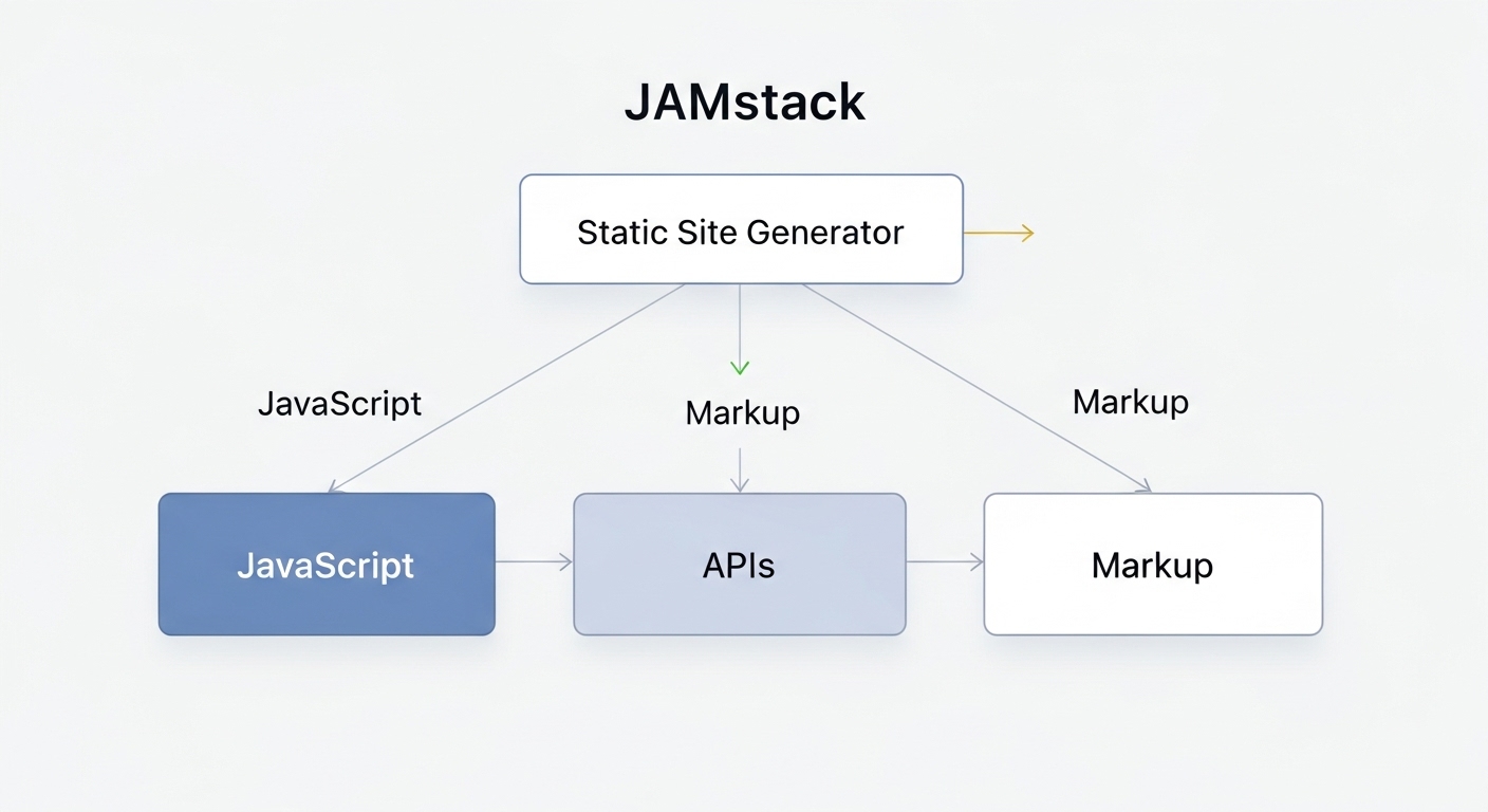 A stylized diagram illustrating the JAMstack architecture. Show three distinct, interconnected blocks labeled 'JavaScript', 'APIs', and 'Markup'. Represent 'Markup' being generated by a 'Static Site Generator' process, and all three components interacting in a decoupled fashion for a modern web application. Use a clean, modern design with subtle connections indicating data flow, emphasizing modularity and efficiency. Digital art.