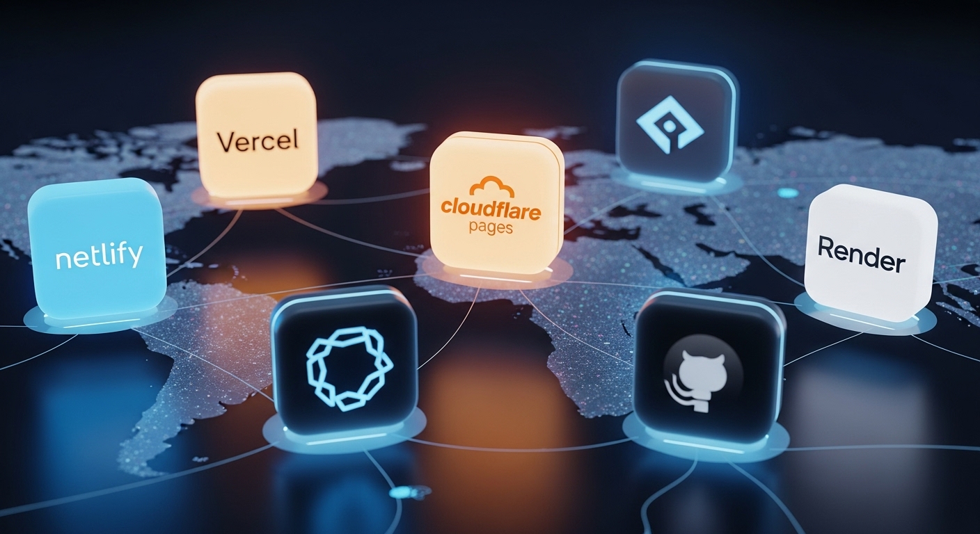 An abstract, modern digital illustration showcasing different cloud hosting platforms, specifically Netlify, Vercel, Cloudflare Pages, GitHub Pages, and Render. Each platform should be represented by a distinct, recognizable icon or a stylized, minimal logo, floating as individual, glowing nodes or bubbles in a interconnected network. The overall theme should convey accessibility and 'free tier' services, perhaps with subtle indicators of generosity or open access, against a backdrop of global web infrastructure. Emphasize a sleek, technical, and slightly futuristic aesthetic, highlighting their role in the modern web.