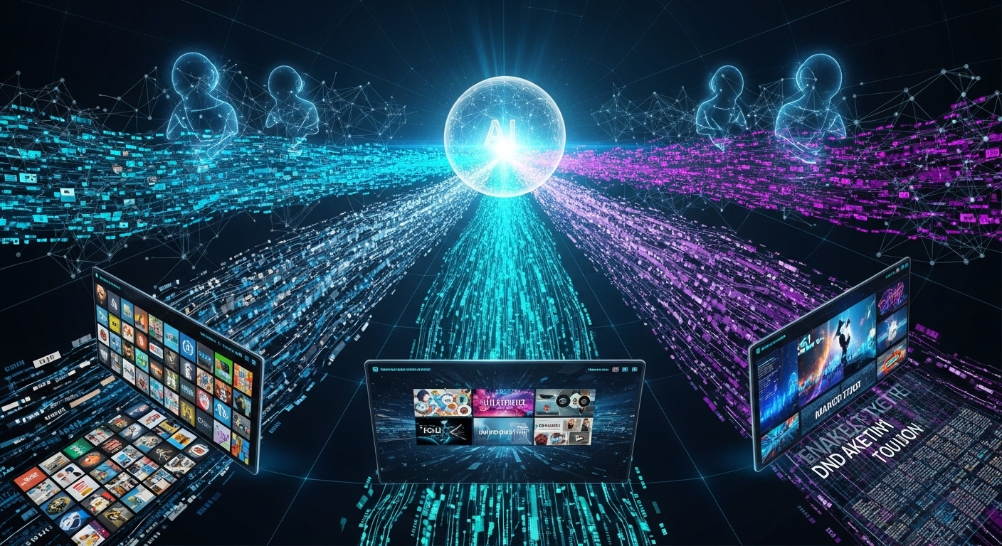 Synthetic Media & Digital Twins: Marketing's AI Future 1 Futuristic and abstract depiction of AI generating diverse media (images, video, text) in a marketing context. Show digital streams of data converging, neural network patterns, and a subtle visual metaphor for 'digital twins' or replication. High-tech, clean aesthetic with vibrant digital colors.