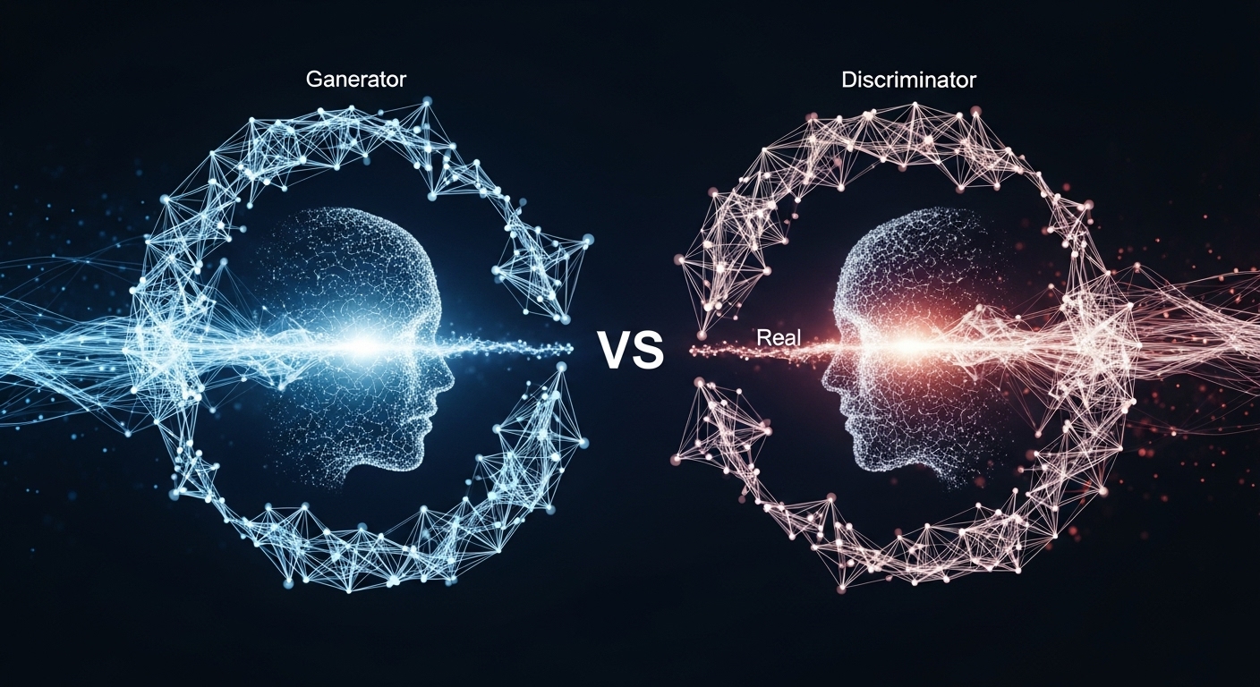 Synthetic Media & Digital Twins: Marketing's AI Future 2 Abstract and dynamic depiction of a Generative Adversarial Network (GAN). Show two distinct, interconnected neural networks in a competitive loop. One network (the Generator) should be subtly depicted as creating or rendering an image (e.g., a synthetic face or object), while the other (the Discriminator) is evaluating or comparing it against a 'real' counterpart. Use digital, futuristic aesthetics with glowing connections and data flow, emphasizing the adversarial and learning process. High contrast, technical, and illustrative.