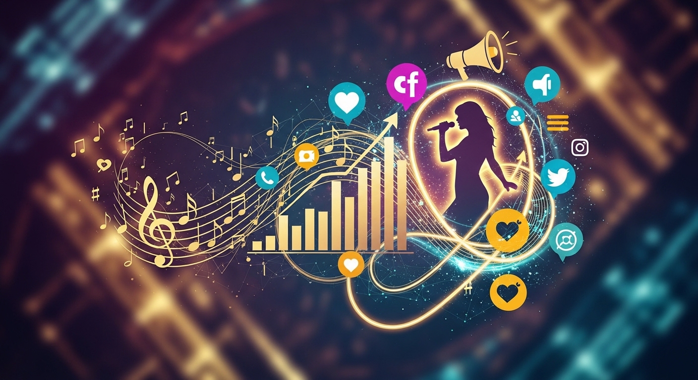 A dynamic and abstract image representing Taylor Swift's marketing genius. Visualize intertwined elements of music, business strategy, community engagement, and digital influence, perhaps with a subtle nod to her silhouette or a microphone, against a modern, vibrant background. Emphasize strategic thinking and brand power.