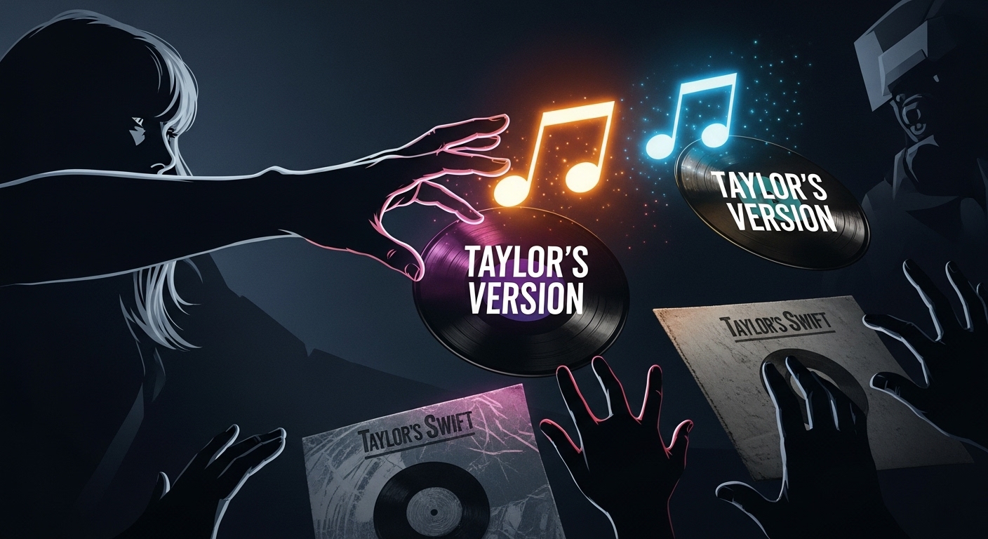 A symbolic image representing Taylor Swift's 'Taylor's Version' re-recording. Show a powerful, determined hand, possibly a stylized silhouette of Taylor Swift, reaching to reclaim glowing music notes or vinyl records from a shadowy, corporate-looking entity. The reclaimed elements are clearly labeled 'Taylor's Version' and appear vibrant and new, contrasting with dull, old ones. Emphasize themes of artistic control, ownership, and fan empowerment, with subtle nods to music industry dynamics.