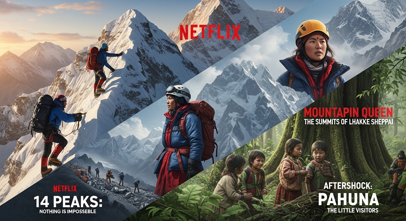 Nepali Movies & Series on Netflix: Ultimate Guide 2025 1 A dynamic digital art collage representing Netflix's Nepal-centric documentaries. Features elements like a mountaineer ascending a snowy Himalayan peak (Nimsdai Purja from 14 Peaks), a determined Sherpa woman in mountain gear (Lhakpa Sherpa from Mountain Queen), children in a lush forest setting (Pahuna), and subtle hints of a post-earthquake landscape or rescue efforts (Aftershock). The overall scene should be framed against the majestic, dramatic backdrop of the Nepal Himalayas at sunset, with a sense of epic adventure and human resilience. High-quality, cinematic digital painting style.