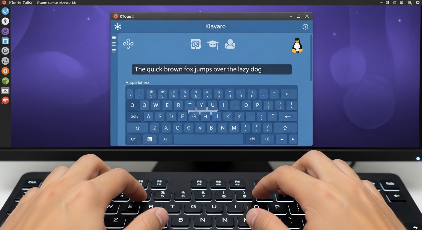 A person's hands typing on a modern keyboard, with a computer screen displaying a clean, pedagogical interface of a FOSS typing tutor application like KTouch or Klavaro on an Ubuntu desktop environment. Subtle open-source and educational icons, with a professional yet accessible aesthetic. Focus on learning and efficiency, not cartoonish gaming.