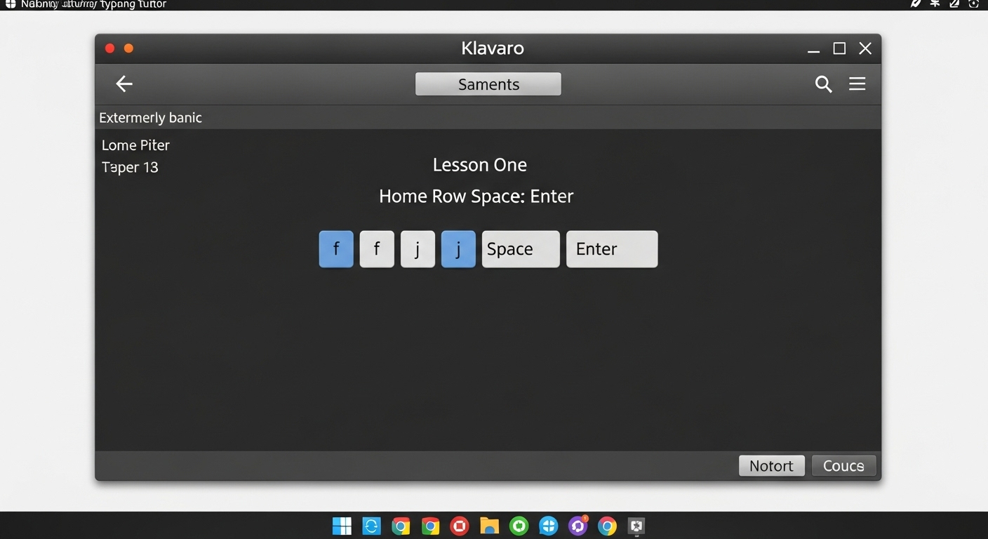 Ubuntu FOSS Typing Tutors: Best Open Source Software Analysis 2 A realistic depiction of the Klavaro typing tutor application's user interface running on an Ubuntu desktop. The application displays an extremely basic 'Lesson One' focused on home row keys, specifically 'f', 'j', 'Space', and 'Enter'. The interface is clean, uncluttered, and pedagogical, emphasizing a focused learning environment with a subtle display of progress or basic statistics, avoiding any gamified elements.