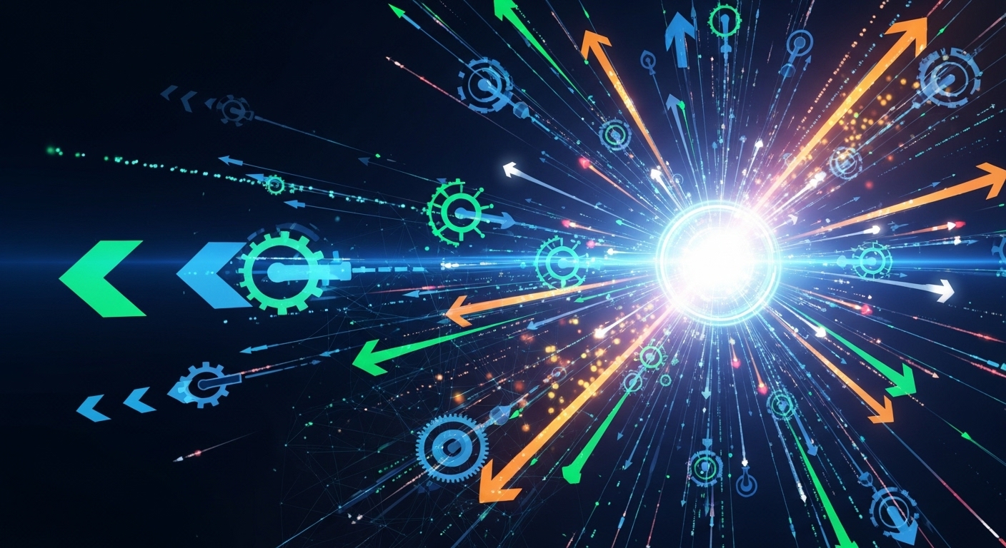 Viral Growth Mechanics: Engineering Exponential Product Spread 1 An abstract representation of a viral growth engine, showing interconnected gears or nodes with arrows indicating exponential spread. A central glowing node emits connections to many others, symbolizing user acquisition. Use vibrant colors and a futuristic, digital aesthetic, conveying engineered growth.