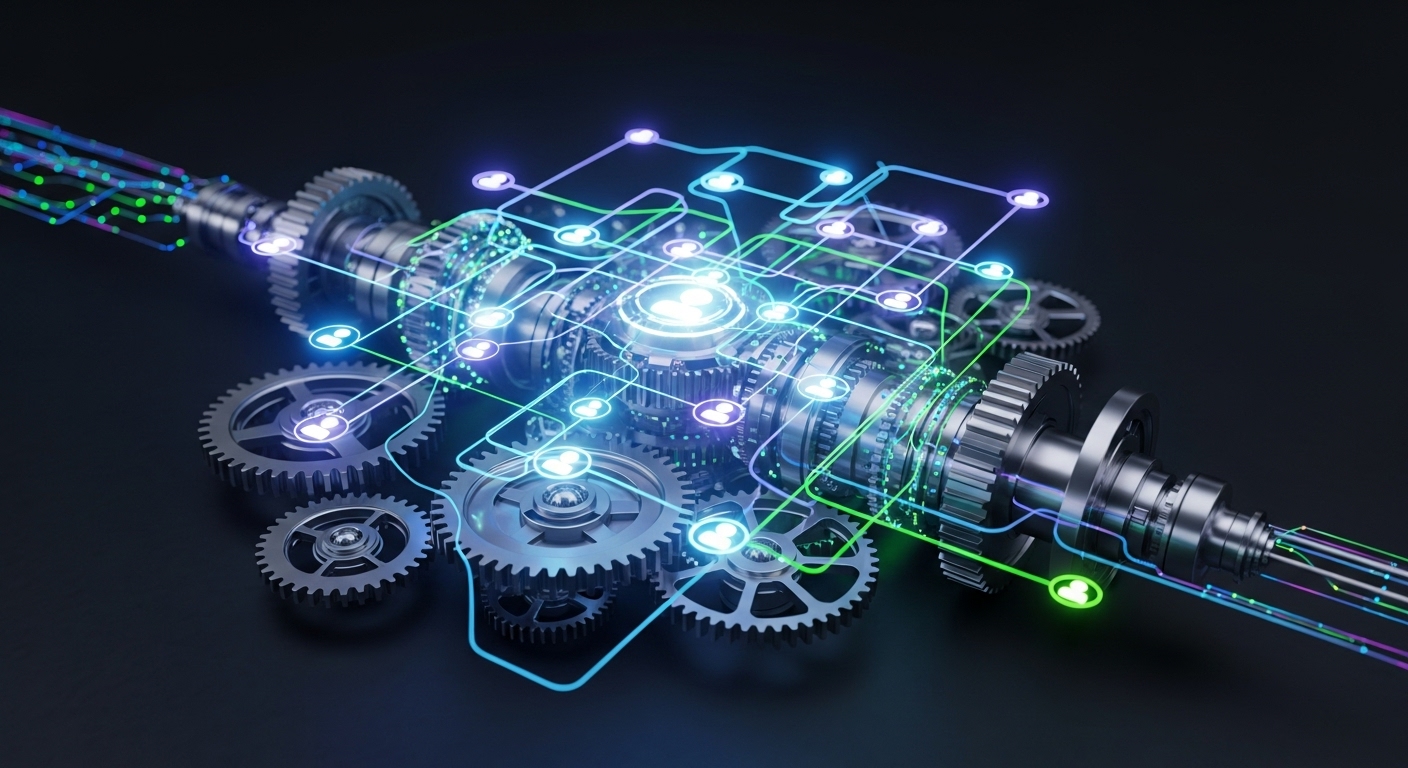 An abstract, high-tech engine or mechanism visually representing exponential growth, with interconnected gears, lines, and glowing nodes symbolizing user interactions and viral spread. The image should convey precision engineering and dynamic movement, with a clean, modern aesthetic.