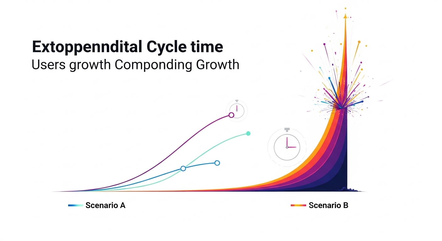 Viral Growth Mechanics: Engineering Exponential Product Spread 2 An abstract infographic illustrating the exponential impact of viral cycle time on user growth. Show two distinct growth curves, both starting from a small base, but one dramatically steeper and higher than the other, representing a shorter cycle time. The slower curve (Scenario A) should be less aggressive, while the faster curve (Scenario B) should appear to explode upwards. Use subtle clock or timer motifs to emphasize the time aspect. Colors should be vibrant and futuristic, highlighting the difference between linear and exponential growth. Emphasize the compounding effect visually.