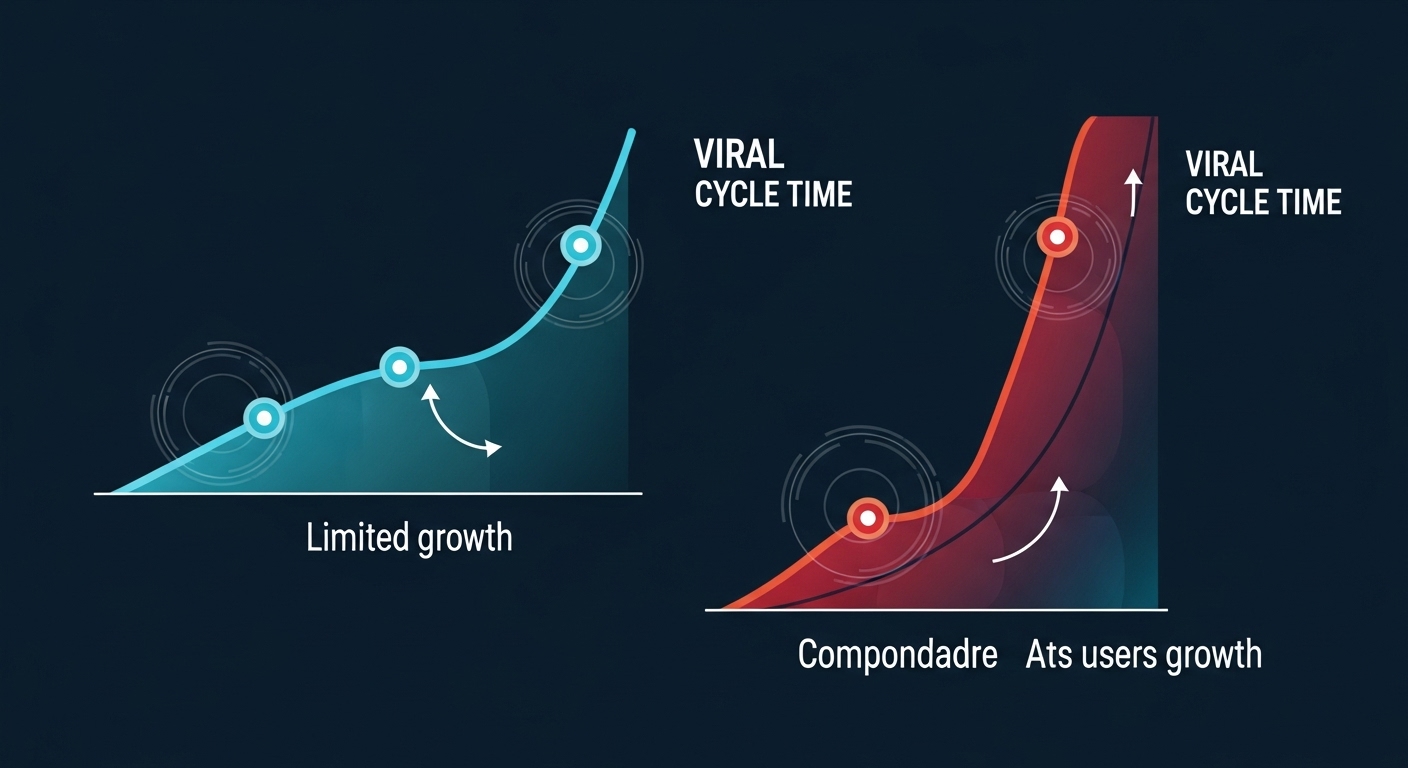 A dynamic infographic illustrating two contrasting growth curves or cycles. One curve should be slow and gradual, representing a longer 'viral cycle time,' showing limited growth. The second curve should be steep and exponential, representing a shorter 'viral cycle time,' showing dramatically accelerated, compounding user growth. Use subtle elements of interconnected loops or gears to hint at the 'viral loop' mechanism. The style should be clean, modern, and data-visualization oriented, with clear visual differentiation between the two scenarios.