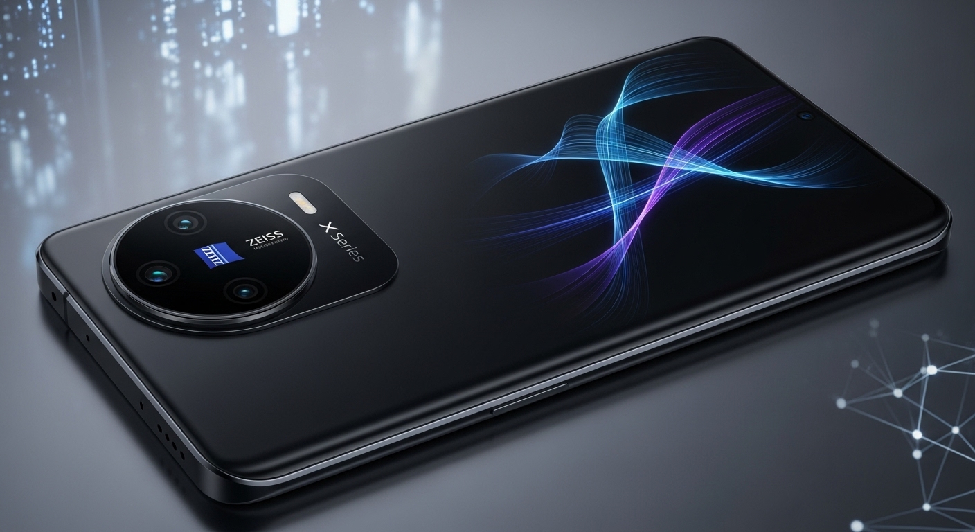 A sleek, futuristic Vivo flagship smartphone, possibly from the X series, with a prominent camera module co-branded with ZEISS. The phone should be depicted in a sophisticated, minimalist setting, perhaps with subtle glowing lines representing advanced technology or AI. Emphasize premium design and innovation, with a hint of future trends.