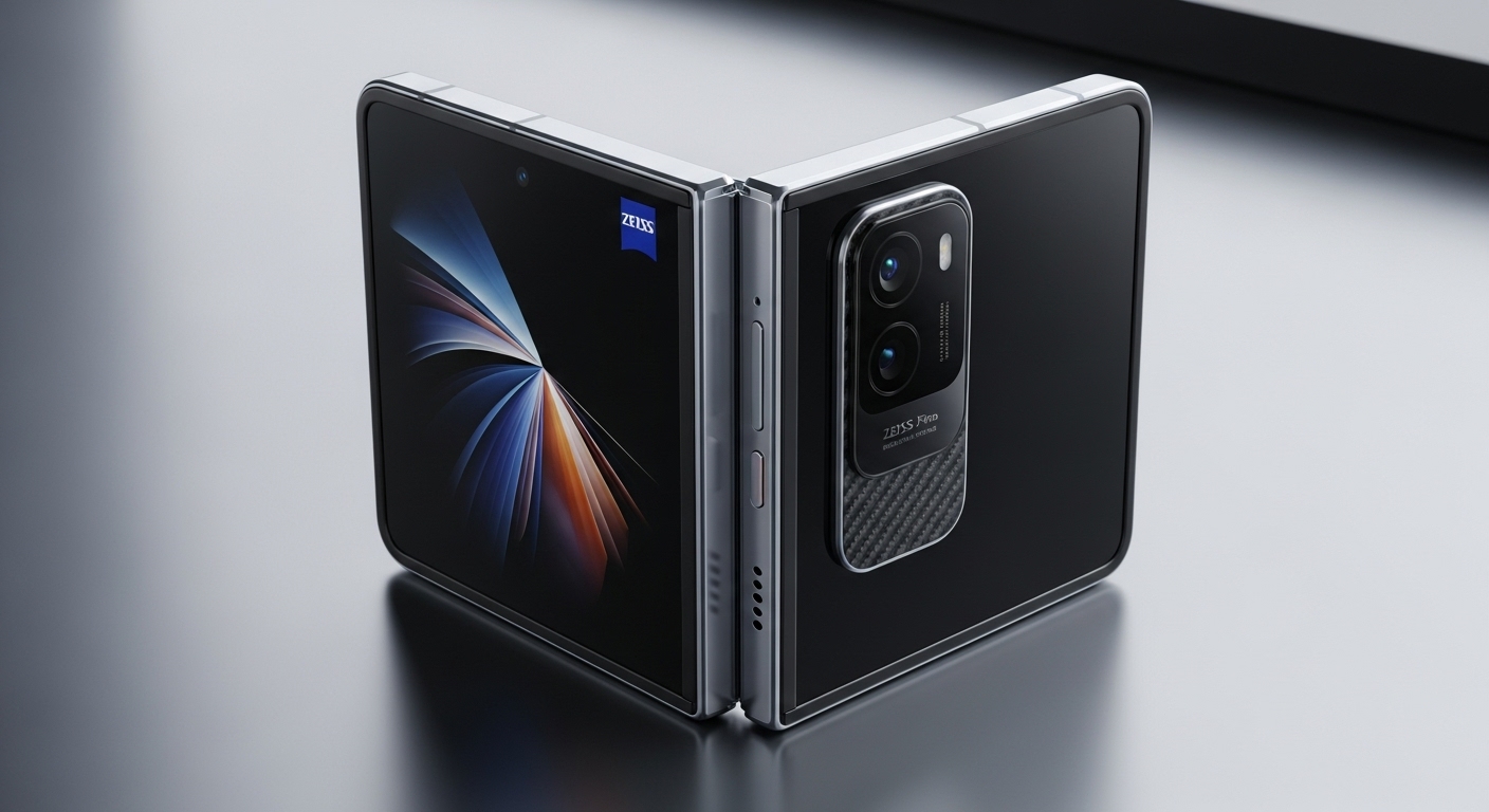 A high-angle shot of the Vivo X Fold3 Pro, sleek and modern, half-folded on a minimalist, reflective surface, showcasing its thin profile and carbon fiber hinge. The prominent ZEISS-branded triple camera module is visible. The background is softly blurred, focusing on the device's premium, innovative design, hinting at both its unfolded large screen and its compact folded state. Emphasize a futuristic and luxurious aesthetic.