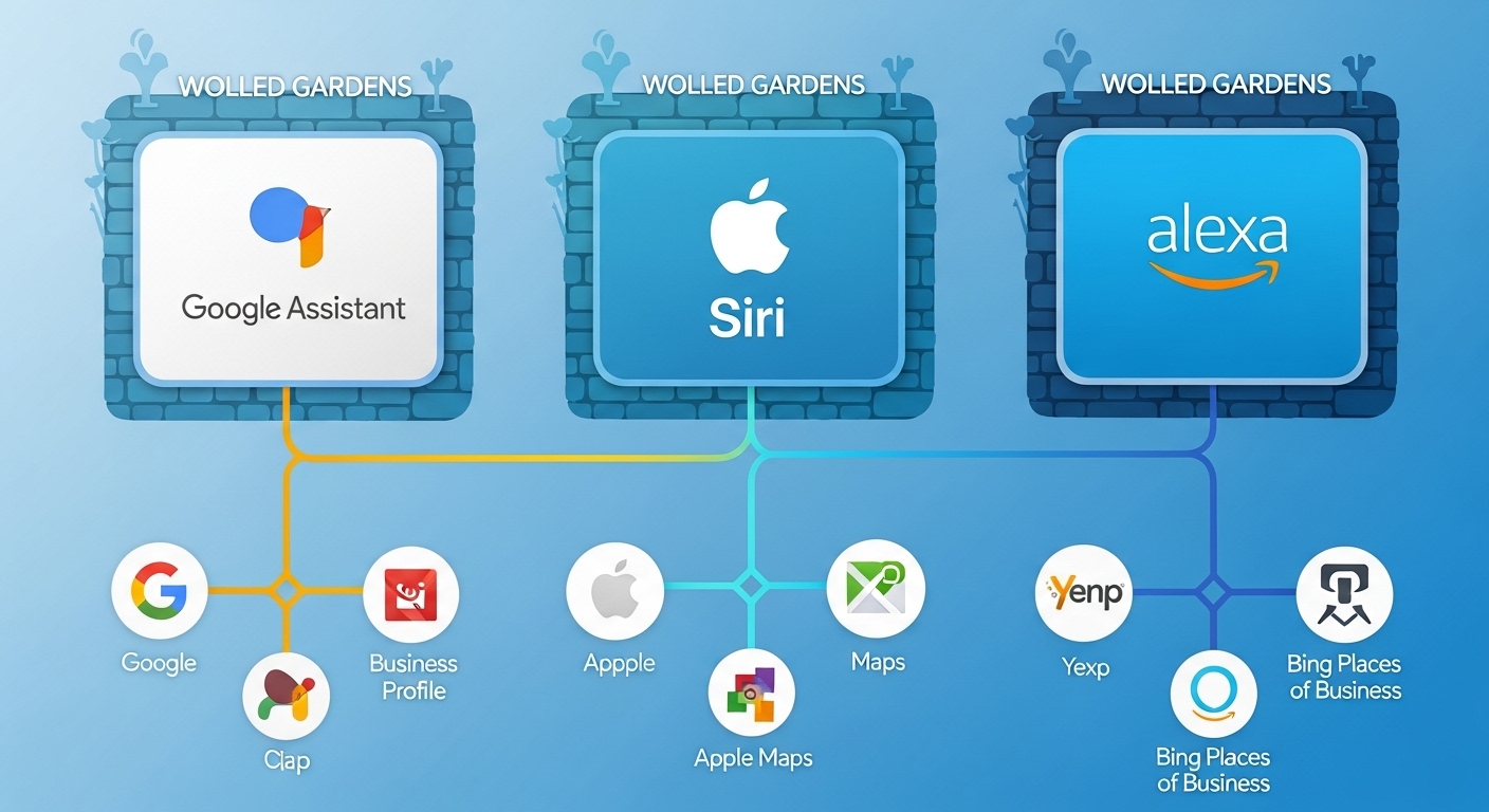 A vibrant digital art illustration depicting three distinct technological 'walled gardens' or platforms, each representing Google Assistant, Apple's Siri, and Amazon's Alexa. Each platform displays its unique logo or identifying elements. Lines or pathways extend from each 'garden' to their respective primary data sources, such as Google Business Profile, Apple Maps, Yelp, and Bing Places for Business. The image should visually communicate the fragmented nature of the voice search ecosystem and the necessity for local businesses to manage their presence across these separate platforms for comprehensive visibility. Bright, infographic-style, clear and distinct elements.