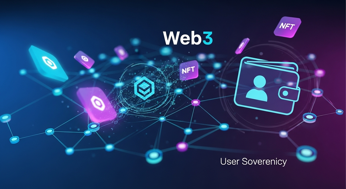 A futuristic and interconnected visual representing the core pillars of Web3: decentralization, blockchain technology, tokenization, and user sovereignty. Show a network of glowing, interconnected nodes symbolizing decentralization, with a subtle, transparent blockchain ledger visible. Include abstract digital tokens and NFTs flowing through the network, and a stylized, secure digital wallet icon prominently displayed, emphasizing user control and ownership. Use a color palette of deep blues, purples, and vibrant neons.
