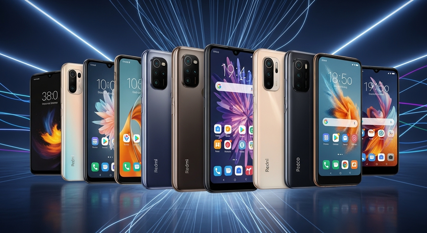 Xiaomi Phones 2025: Specs, Prices, Brands & Reviews 1 A dynamic collage showcasing various modern Xiaomi, Redmi, and POCO smartphones, side-by-side, highlighting their distinct designs and features, against a sleek, futuristic tech-inspired background with subtle glowing lines representing connectivity and a multi-brand strategy.