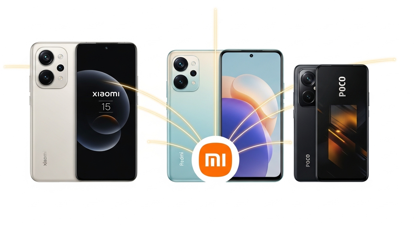 A conceptual image illustrating Xiaomi's three-brand strategy. Show three distinct smartphones, each clearly representing a brand: a sleek, premium Xiaomi phone (e.g., Xiaomi 15 Ultra) for the high-end, a vibrant, user-friendly Redmi Note series phone for the mid-range, and a bold, performance-oriented POCO phone for the enthusiast. Each phone should have subtle branding or design cues. The phones are arranged to suggest a cohesive but segmented portfolio, with elements like lines or glowing arcs connecting them to a central Xiaomi logo, symbolizing a unified strategy for diverse markets.