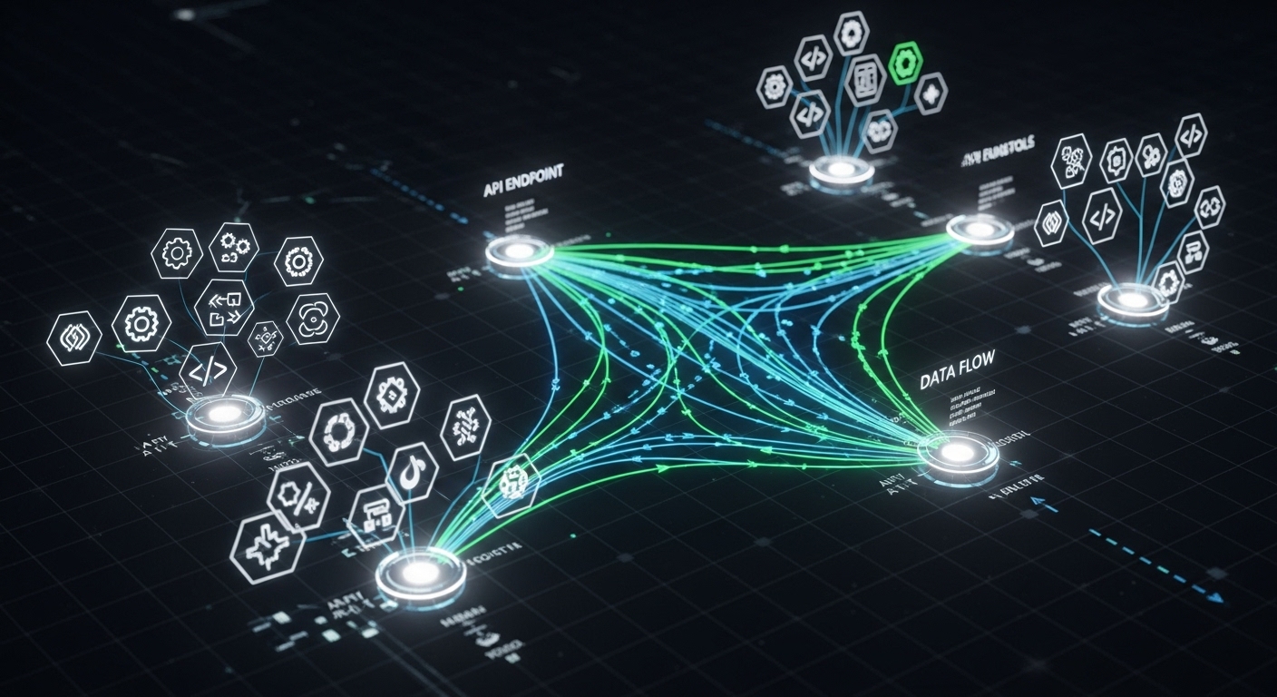 A futuristic digital blueprint illustrating interconnected API endpoints and data flows, with icons representing open-source and free tools (like gears, code symbols, or network nodes). Emphasize a 'zero-cost' theme through simplicity and efficiency, perhaps with a subtle glow or clean lines against a tech-inspired background.