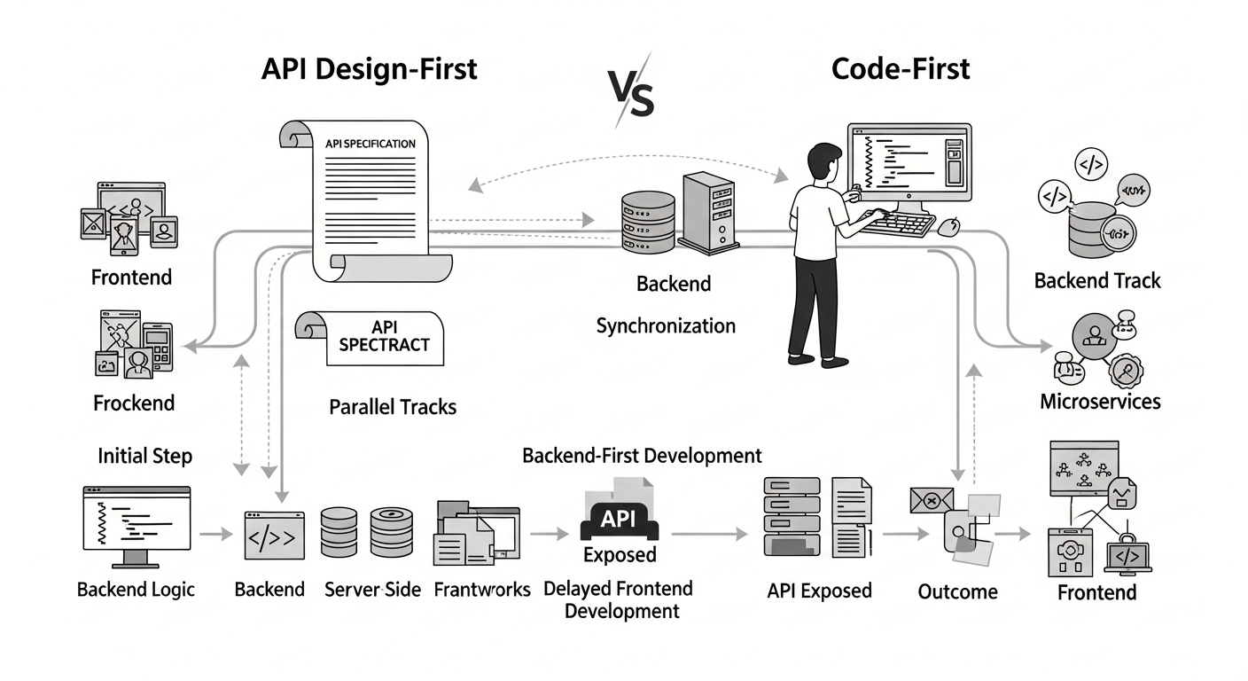 Zero-Cost API-First Design: Free Tools & Integrations 2 A conceptual infographic contrasting two software development workflows: 'API Design-First' and 'Code-First'. For 'API Design-First,' show a detailed blueprint or contract document as the initial step, leading to two parallel, synchronized development tracks for frontend and backend teams. For 'Code-First,' depict a developer coding backend logic first, then an API being exposed, followed by a separate, potentially delayed frontend development track, implying a more sequential and less integrated process. Use clean, modern tech design, subtle arrows to indicate flow, and distinct visual elements for each approach to highlight their differences.